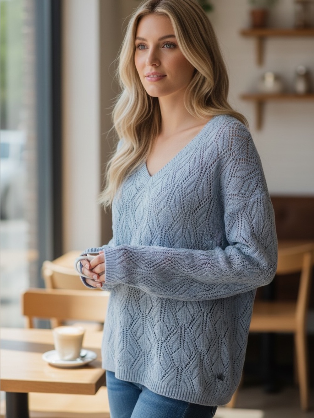 🩶 Peace Love World Boheme Collection Blue Pointelle Knit V-Neck Sweater XS